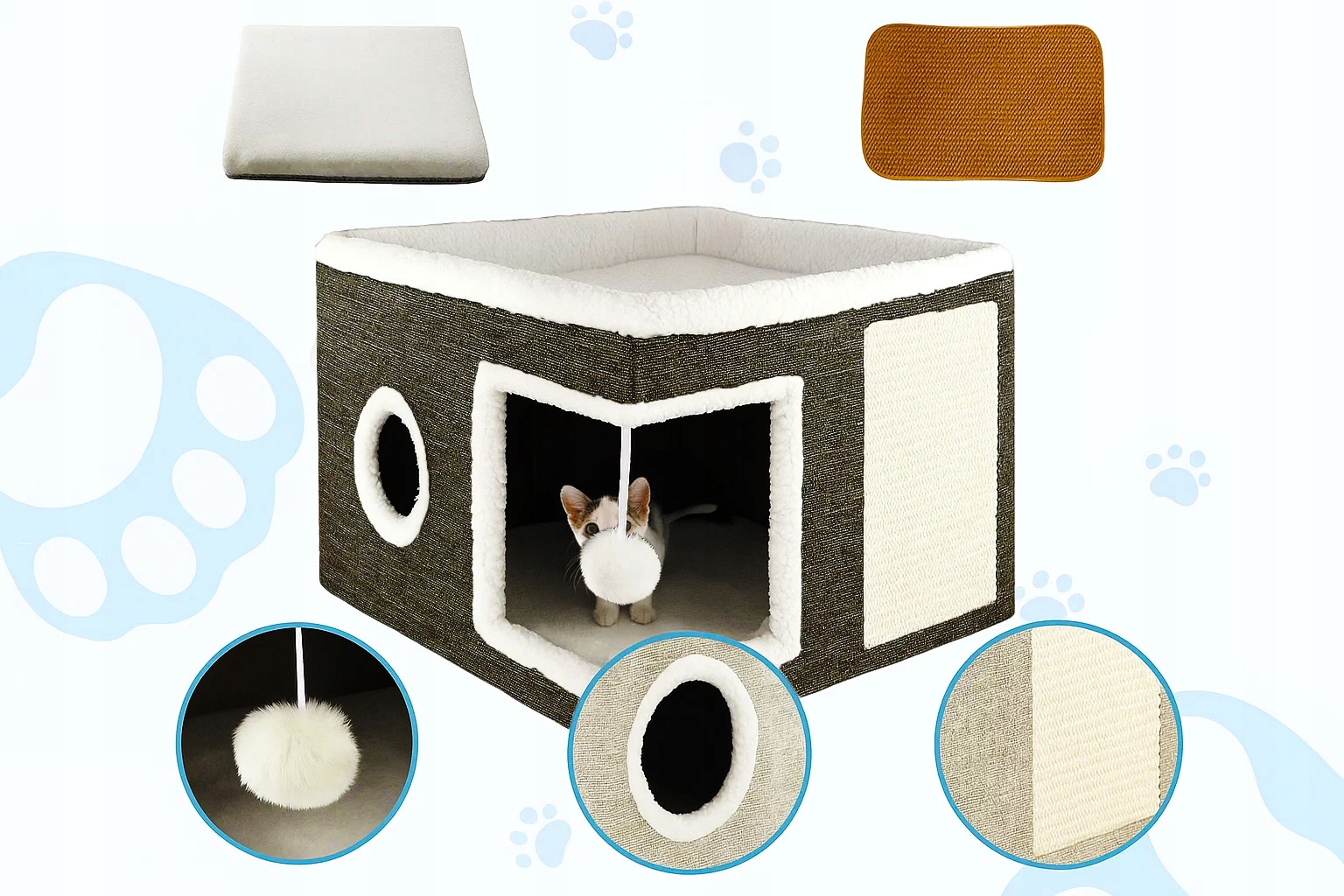 Ansamblu de zgariat pentru pisici cu casuta si pat superior, cu jucarie, 42x42x30 cm - imagine 9