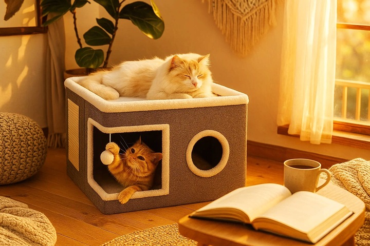 Ansamblu de zgariat pentru pisici cu casuta si pat superior, cu jucarie, 42x42x30 cm - imagine 11