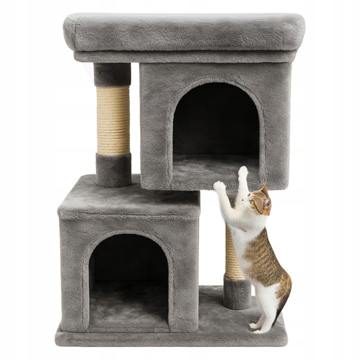 Ansamblu de zgariat pentru pisici tip turn cu 2 niveluri, tunel, casuta si pat, MDF si plus, 67 cm, gri - imagine 2