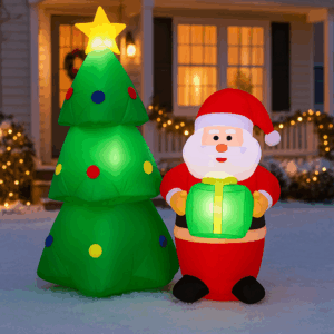 Decoratiune exterior gonflabila de Craciun cu Mos Craciun si brad iluminat, LED, compresor integrat, 148 cm