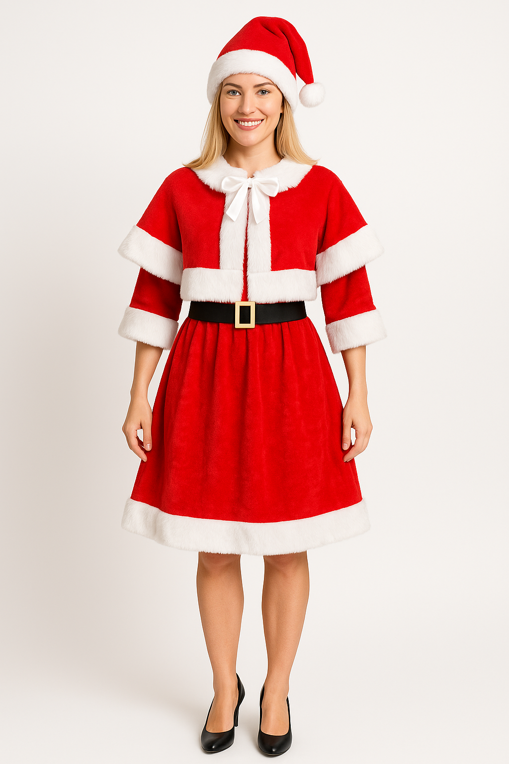 Costum dama Craciun cu rochie, pelerina, curea si caciula, marime universala, rosu - imagine 3