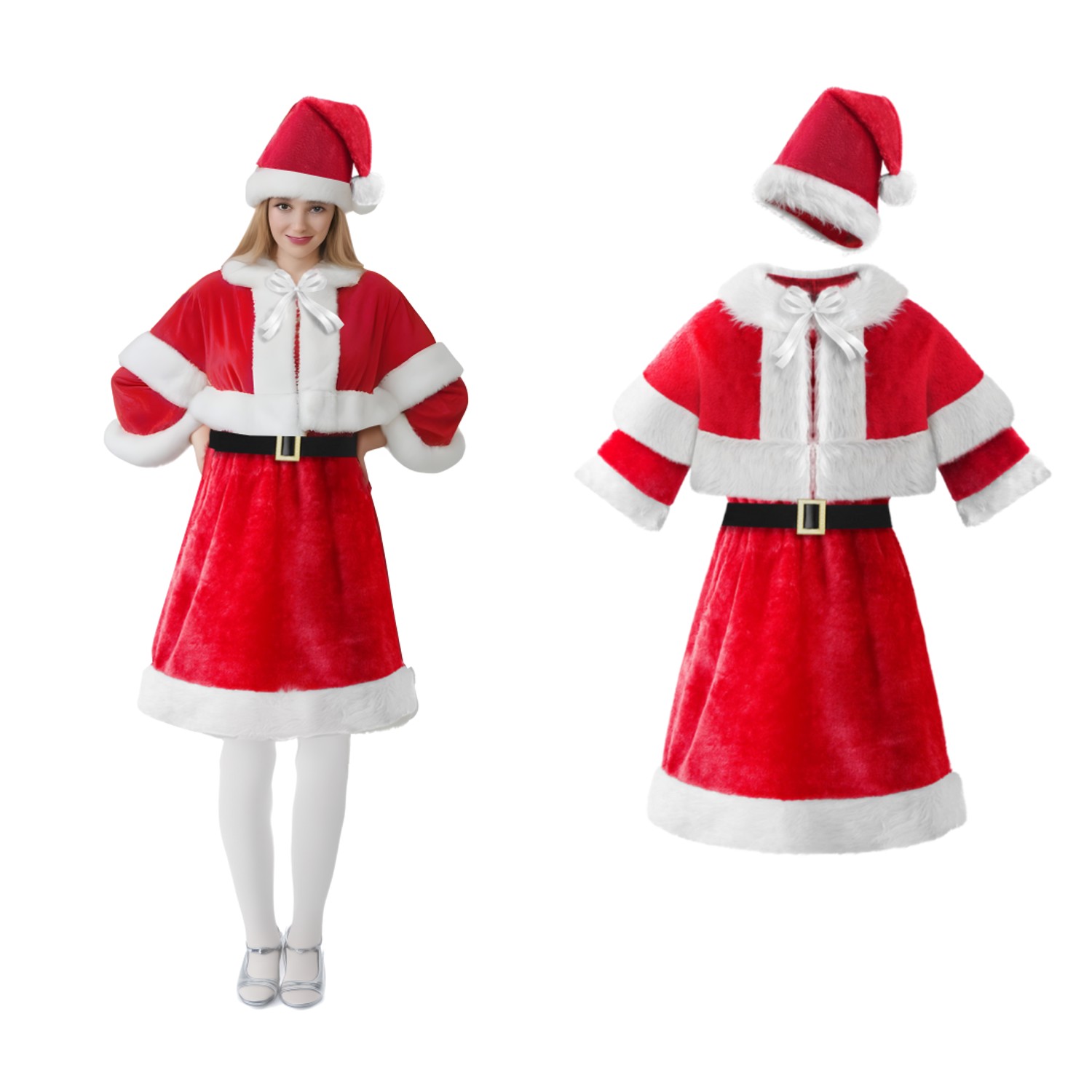 Costum dama Craciun cu rochie, pelerina, curea si caciula, marime universala, rosu - imagine 6