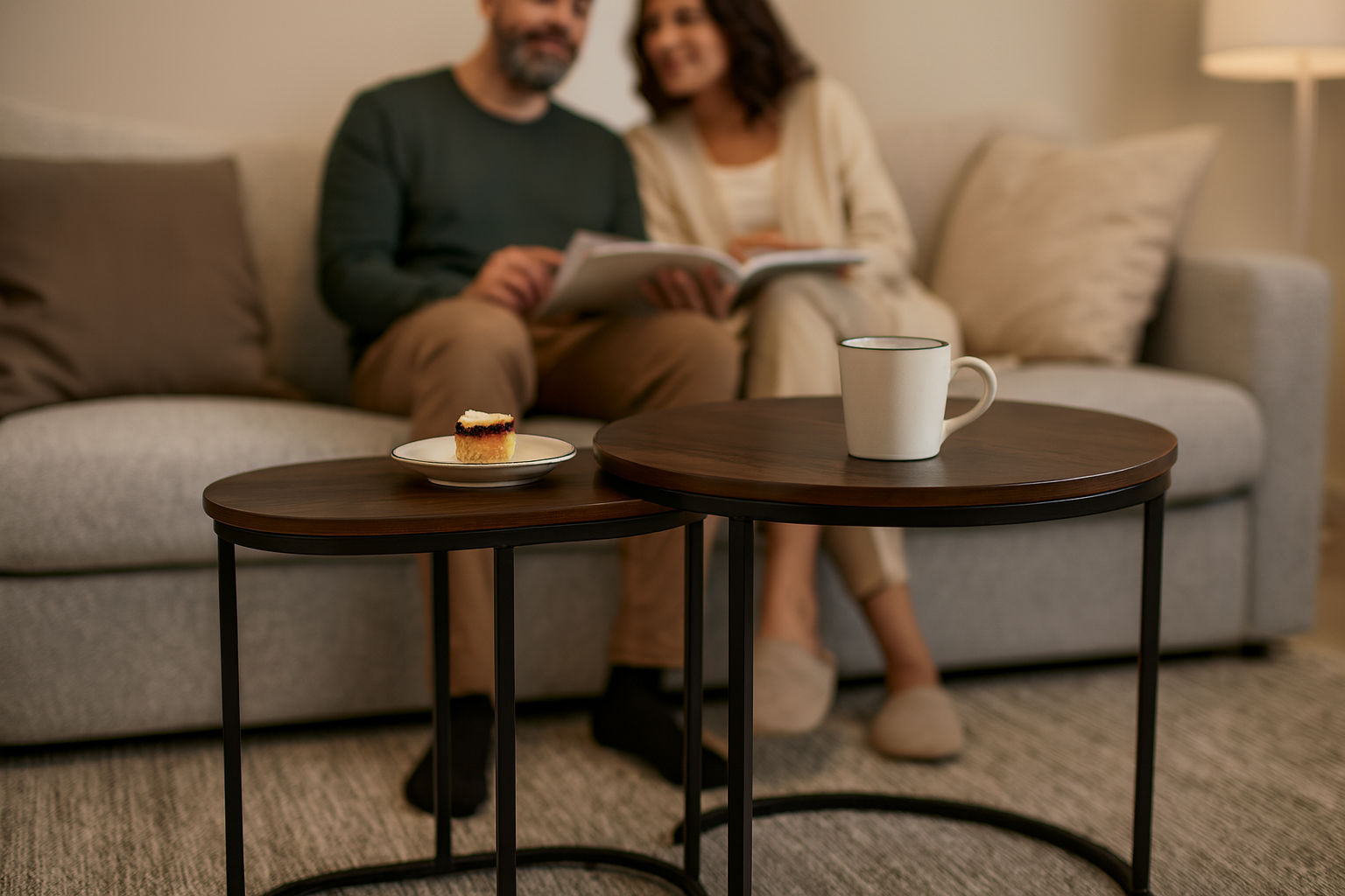 Set 2 masute cafea suprapozabile, MDF si metal, design modern, 60 cm si 50 cm, maro si negru - imagine 2