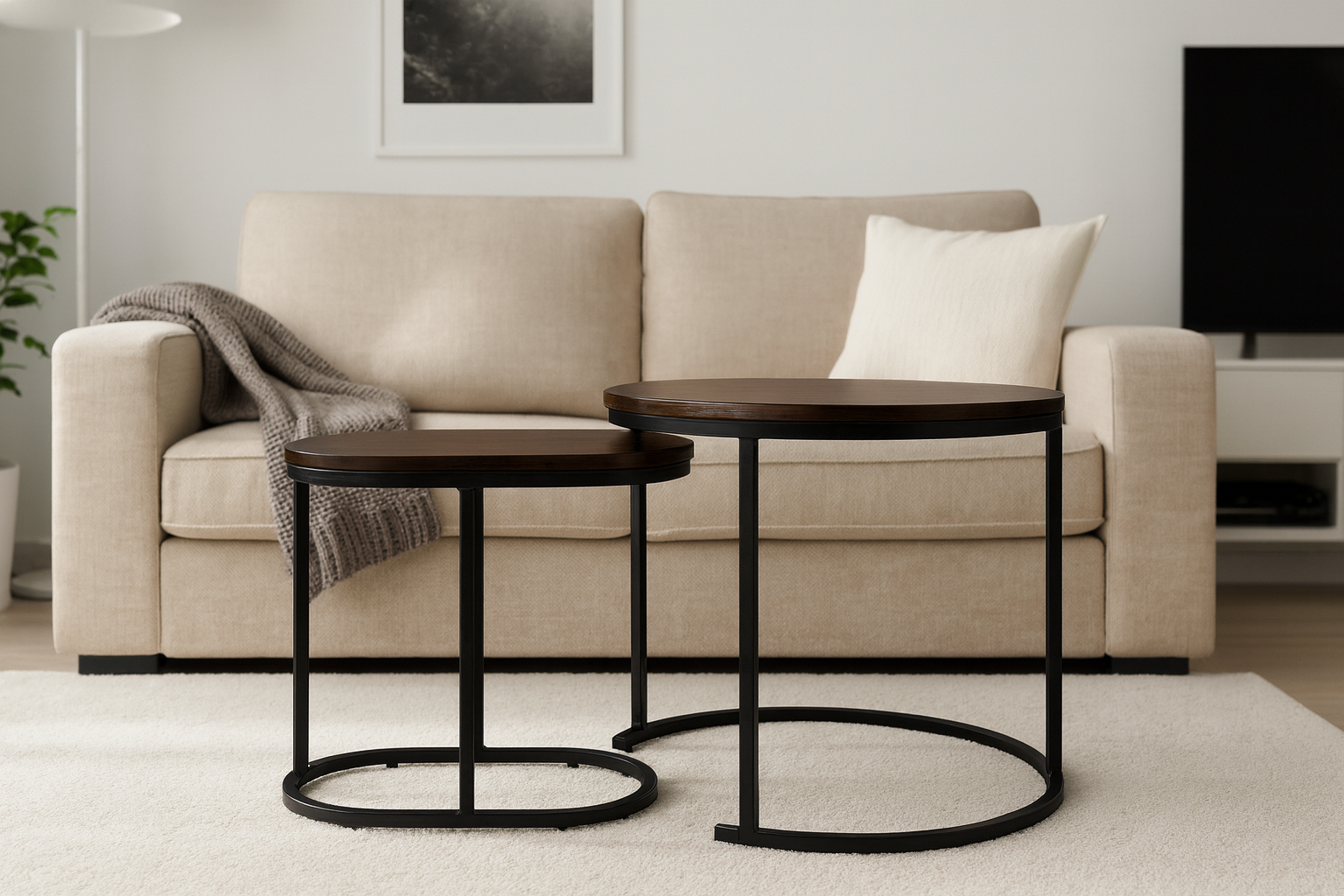 Set 2 masute cafea suprapozabile, MDF si metal, design modern, 60 cm si 50 cm, maro si negru - imagine 3