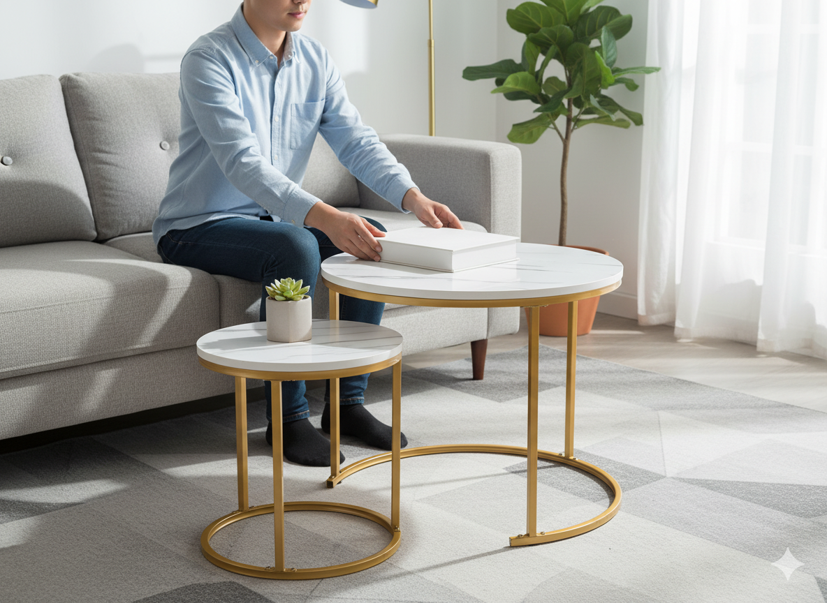 Set 2 masute cafea suprapozabile, MDF si metal, 60x50 cm si 40x40 cm, alb marmura si auriu - imagine 2