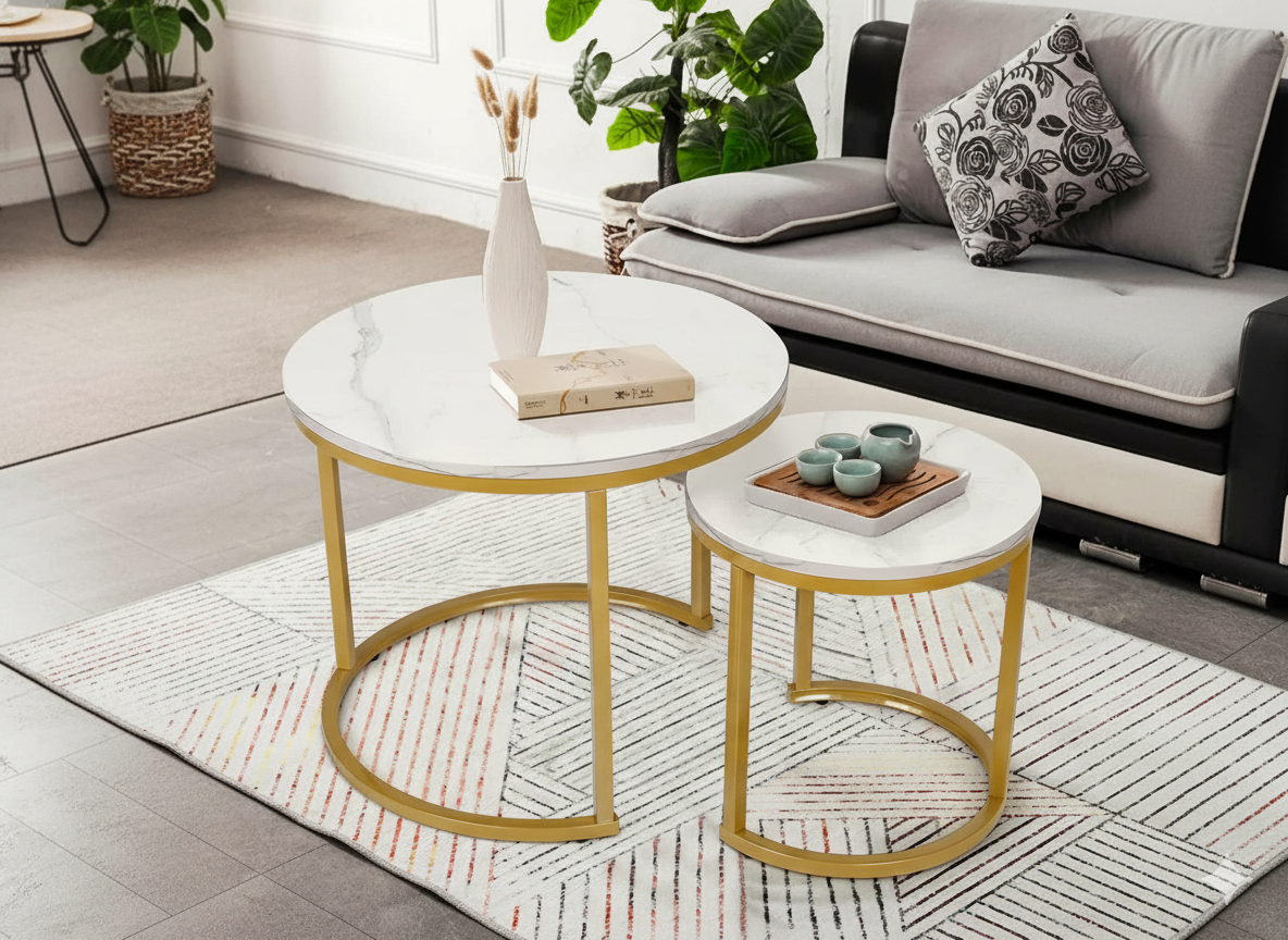Set 2 masute cafea suprapozabile, MDF si metal, 60x50 cm si 40x40 cm, alb marmura si auriu - imagine 4