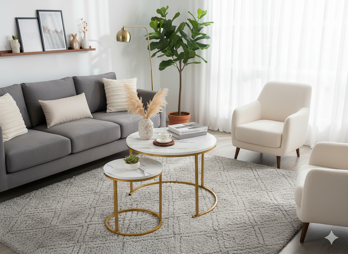 Set 2 masute cafea suprapozabile, MDF si metal, 60x50 cm si 40x40 cm, alb marmura si auriu - imagine 6