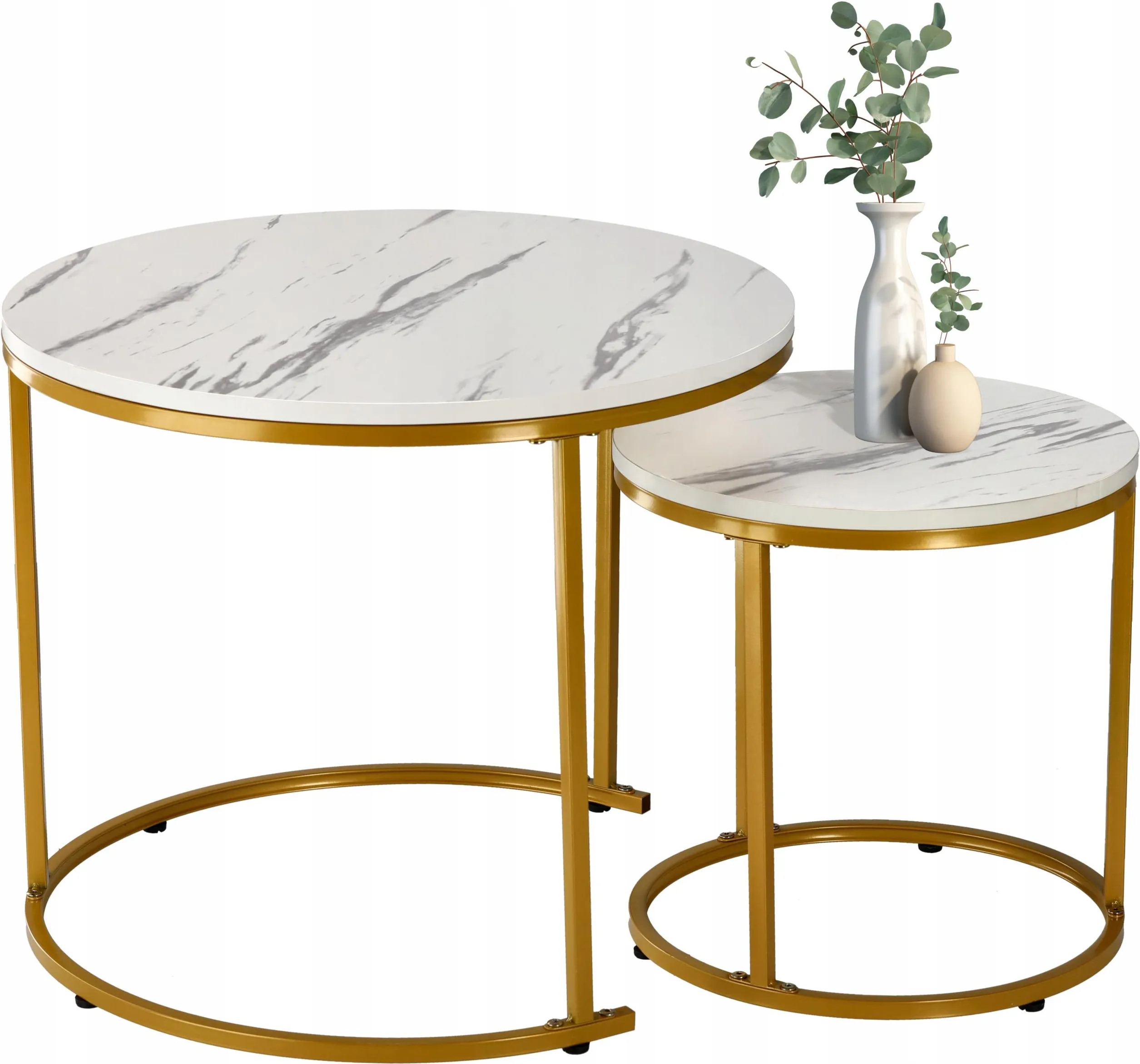 Set 2 masute cafea suprapozabile, MDF si metal, 60x50 cm si 40x40 cm, alb marmura si auriu - imagine 7