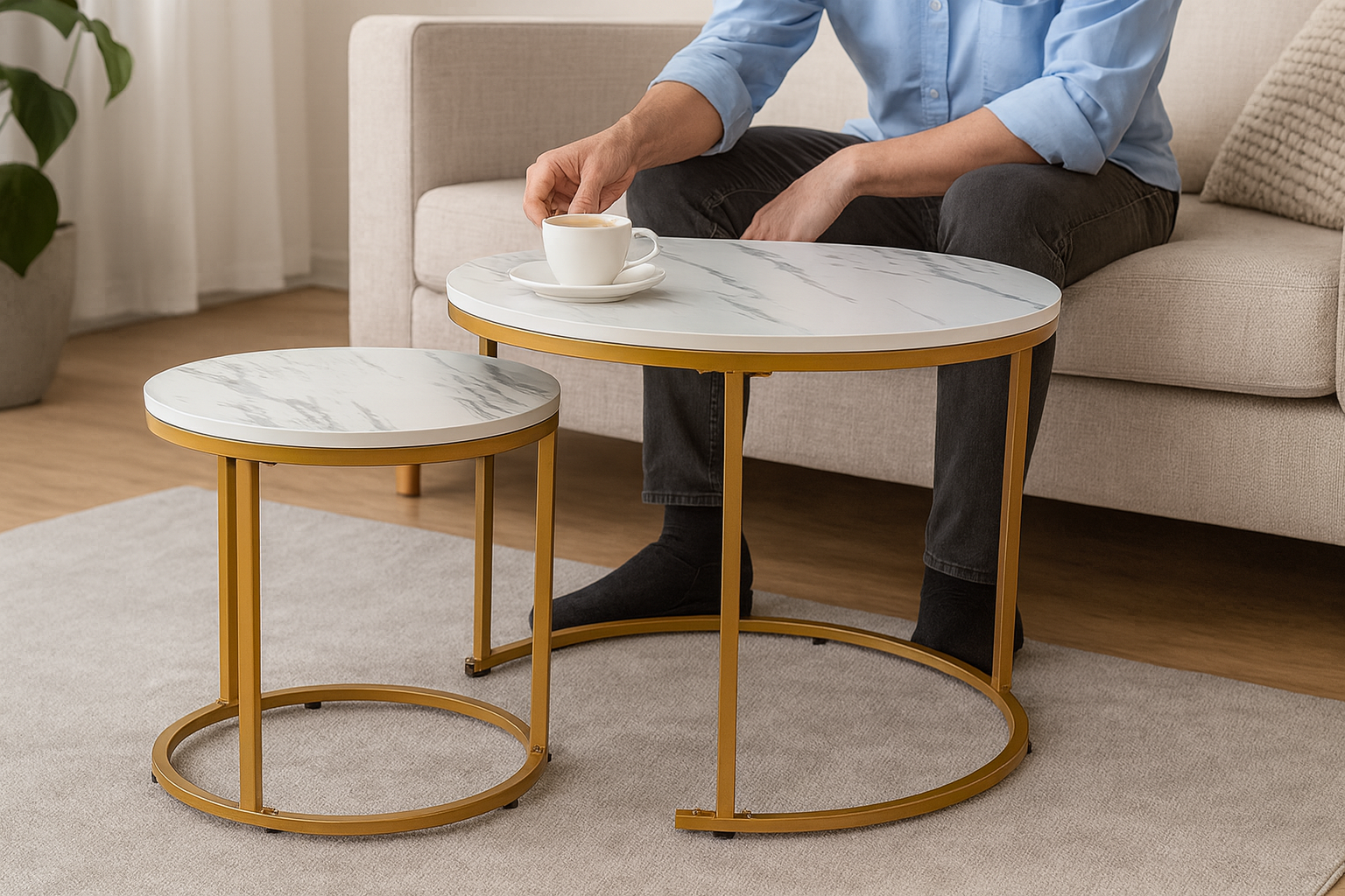 Set 2 masute cafea suprapozabile, MDF si metal, 60x50 cm si 40x40 cm, alb marmura si auriu - imagine 9