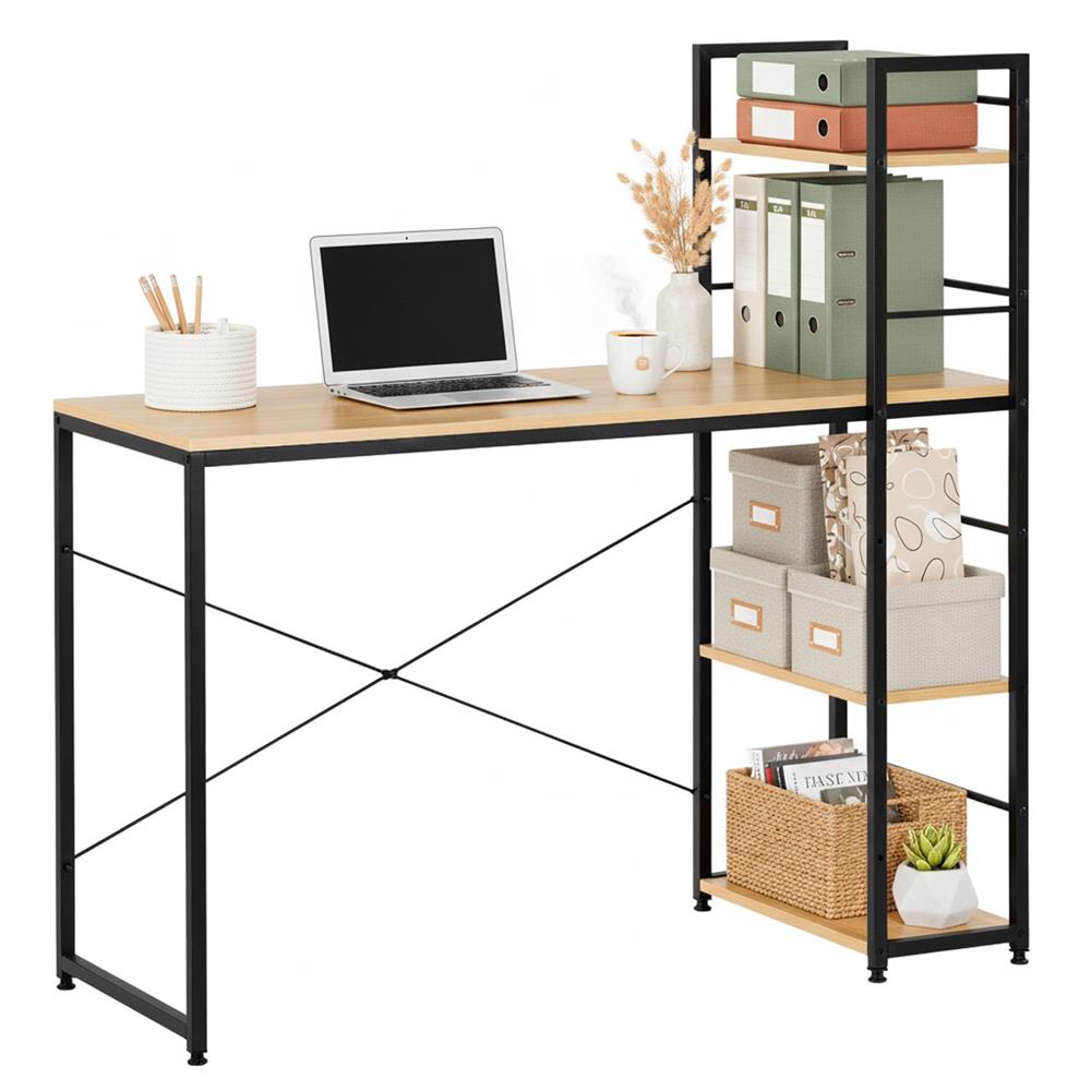 Birou cu blat MDF si rafturi laterale, cadru metalic, 120x48x122 cm, maro deschis - imagine 2