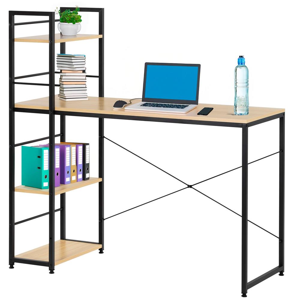 Birou cu blat MDF si rafturi laterale, cadru metalic, 120x48x122 cm, maro deschis - imagine 4