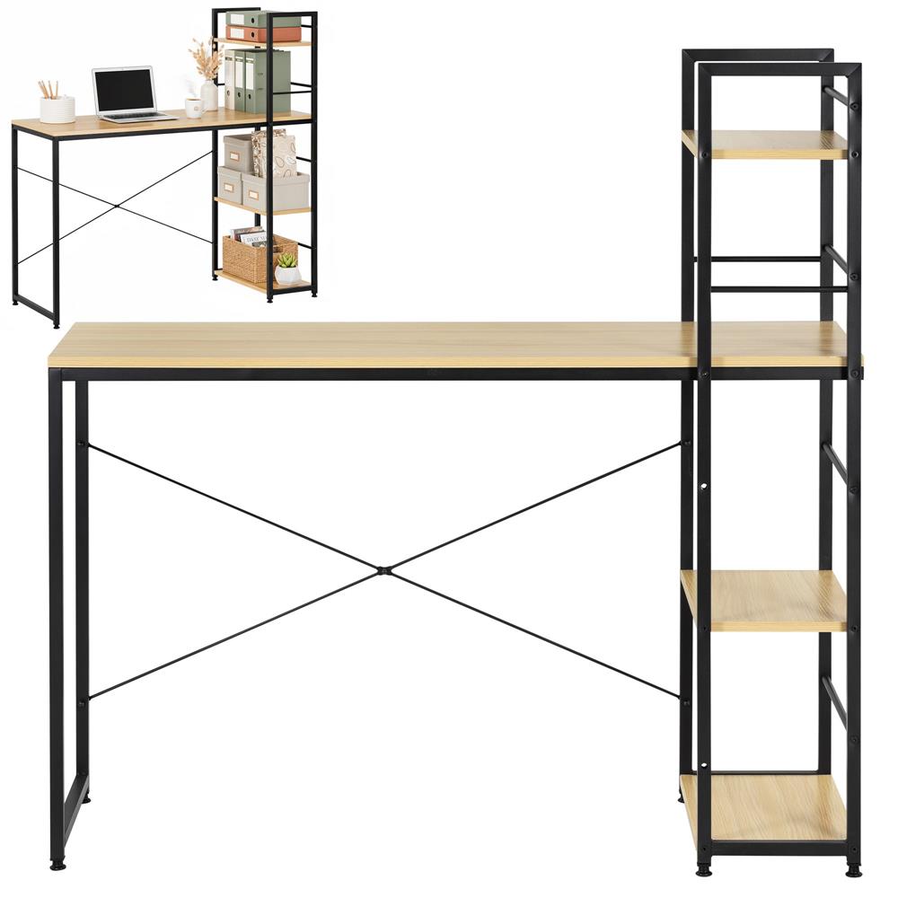Birou cu blat MDF si rafturi laterale, cadru metalic, 120x48x122 cm, maro deschis - imagine 5