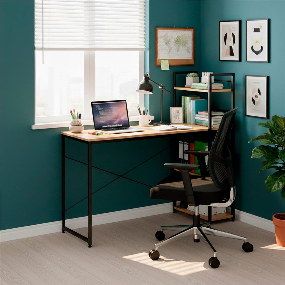 Birou cu blat MDF si rafturi laterale, cadru metalic, 120x48x122 cm, maro deschis - imagine 9