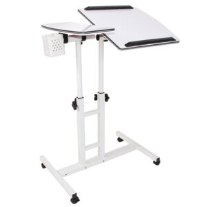 Masuta laptop reglabila cu 2 blaturi acrilice, pe roti cu blocare, 60-90 cm, alb perlat