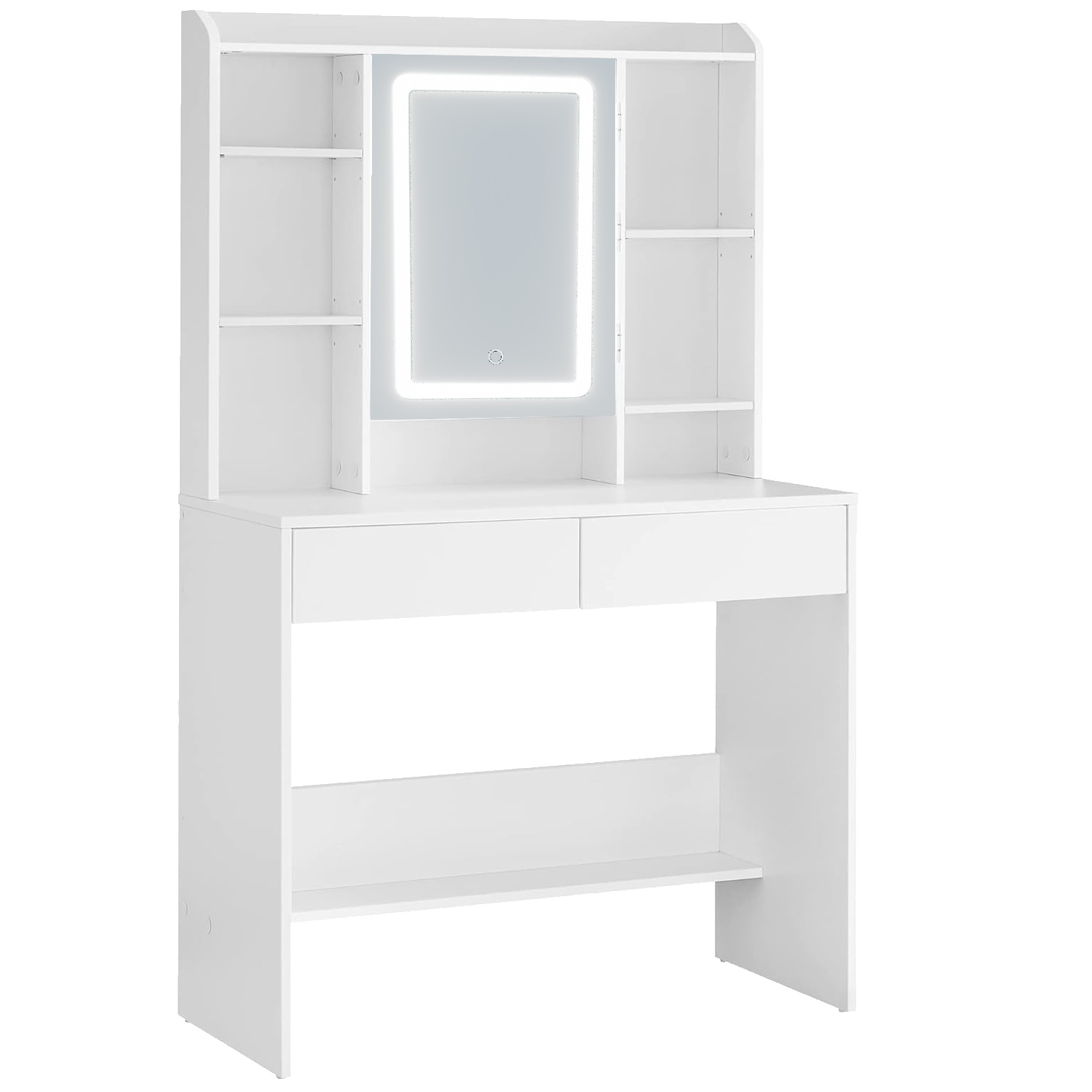 Masa de toaleta cu oglinda, iluminare LED reglabila, 2 sertare, MDF, 90x40x145 cm, alb - imagine 3