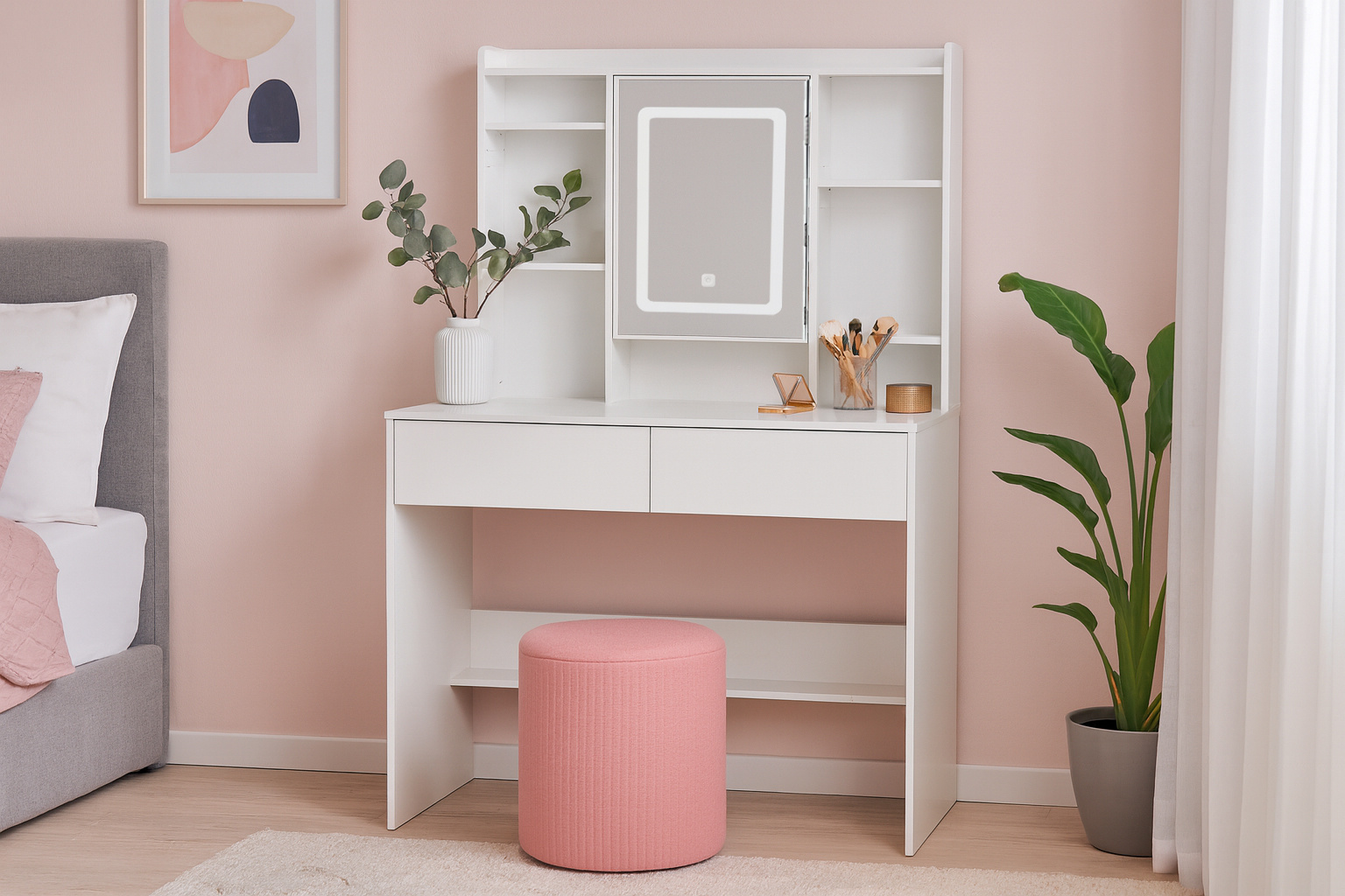 Masa de toaleta cu oglinda, iluminare LED reglabila, 2 sertare, MDF, 90x40x145 cm, alb - imagine 4