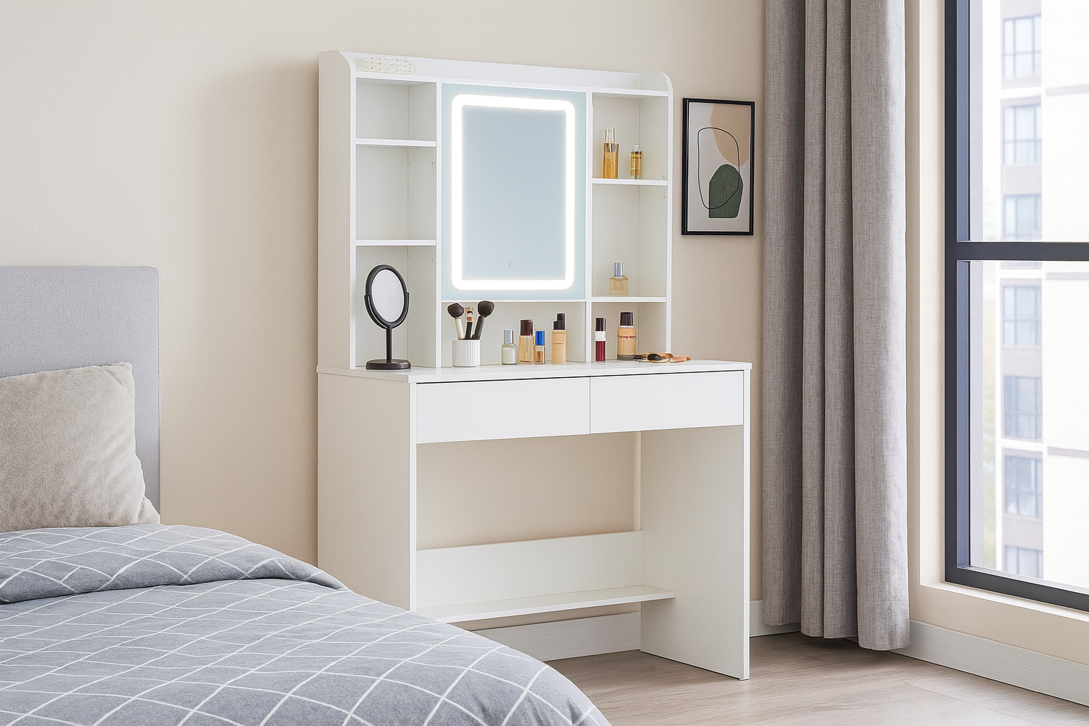 Masa de toaleta cu oglinda, iluminare LED reglabila, 2 sertare, MDF, 90x40x145 cm, alb - imagine 5