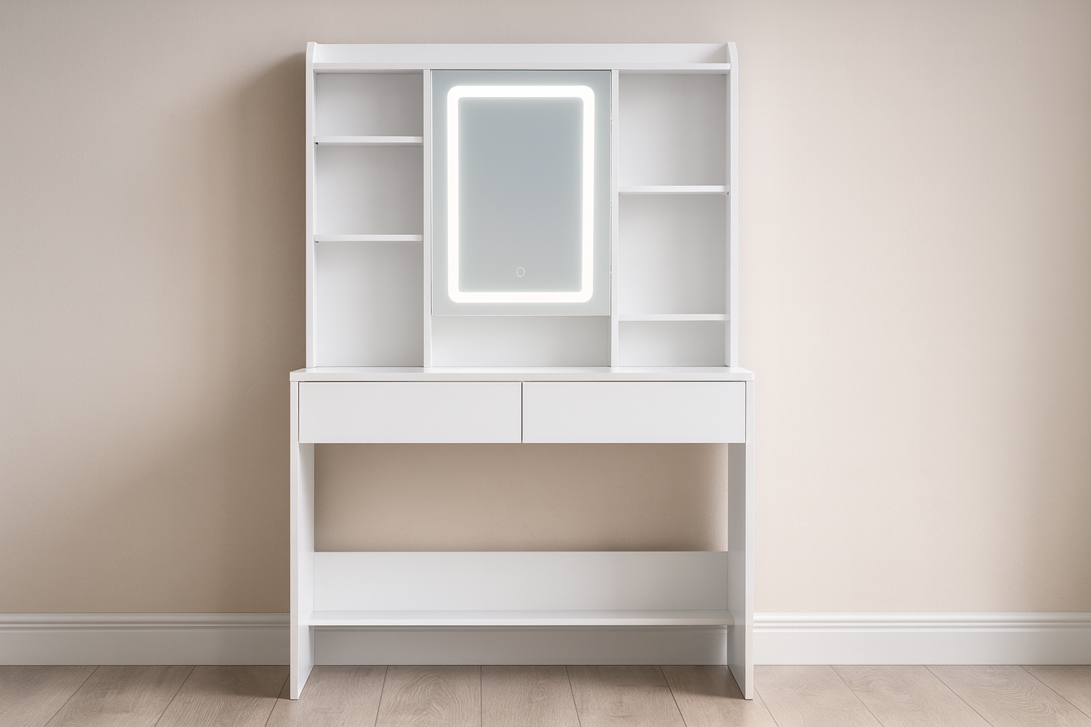 Masa de toaleta cu oglinda, iluminare LED reglabila, 2 sertare, MDF, 90x40x145 cm, alb - imagine 6