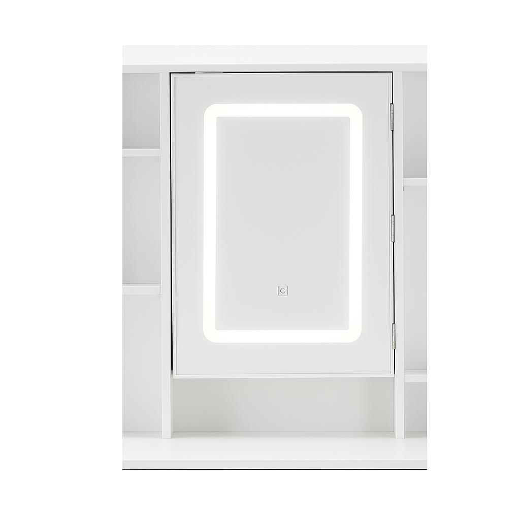 Masa de toaleta cu oglinda, iluminare LED reglabila, 2 sertare, MDF, 90x40x145 cm, alb - imagine 7