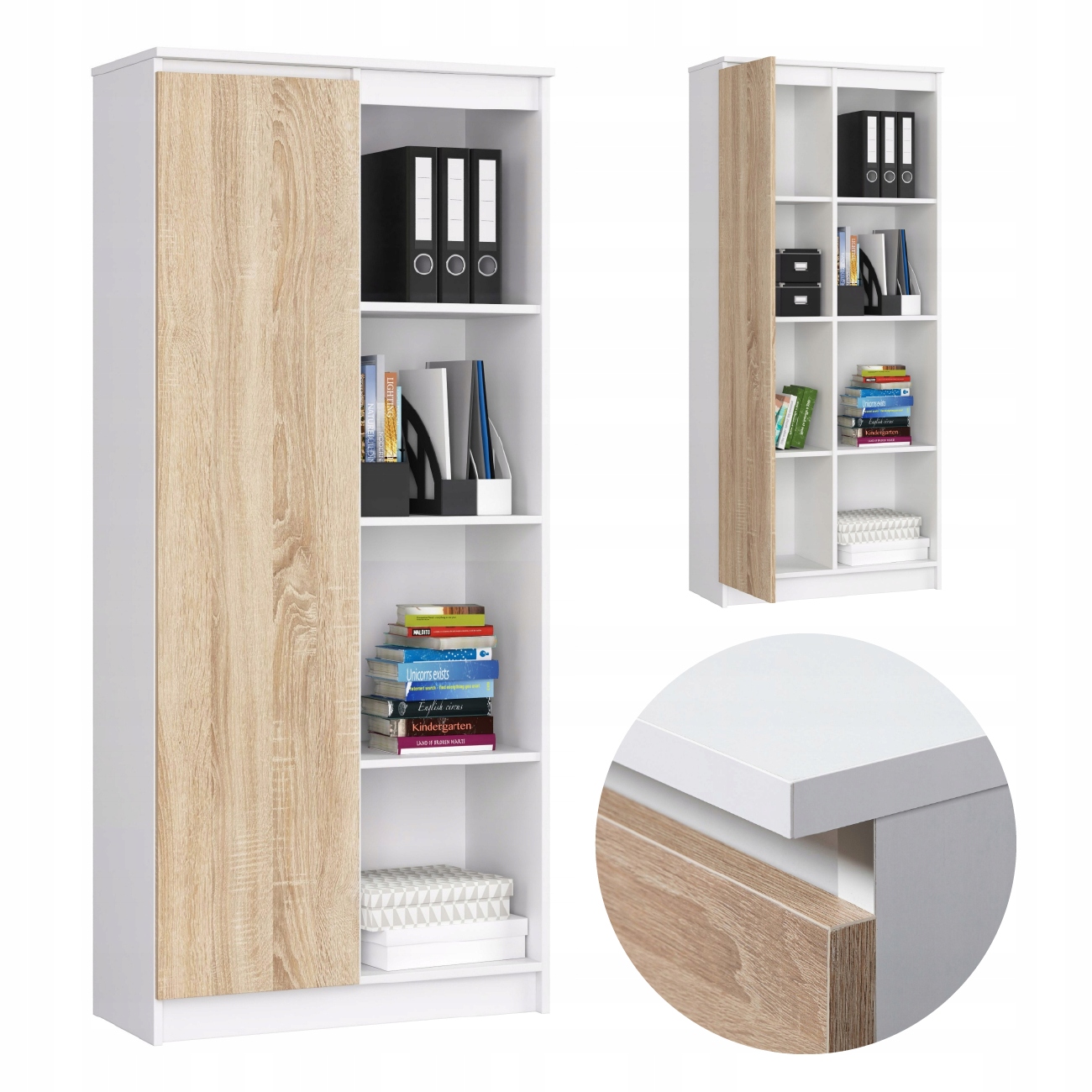 Dulap cu usa si 8 etajere, PAL laminat 16 mm, 80x35x180 cm, alb si stejar sonoma - imagine 3