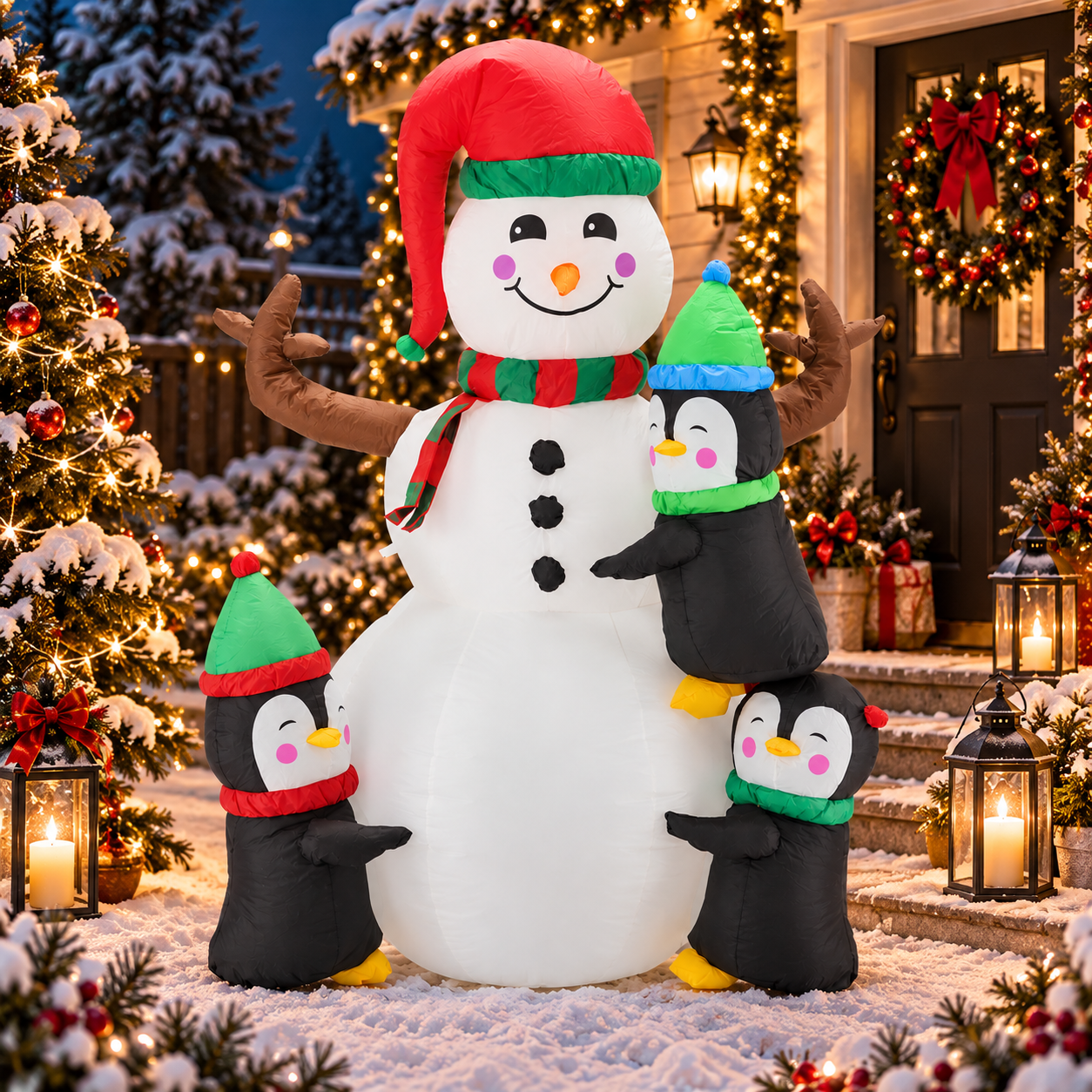 Om de zapada gonflabil de exterior, cu pinguini si iluminare LED, 190 cm, compresor integrat, alb