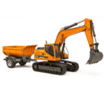 Set utilaje construction RC cu excavator si basculanta, lumini si abur, telecomanda, 3 accesorii incluse