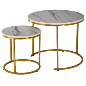 Set 2 masute cafea suprapozabile, MDF si metal, 60x50 cm si 40x40 cm, alb marmura si auriu