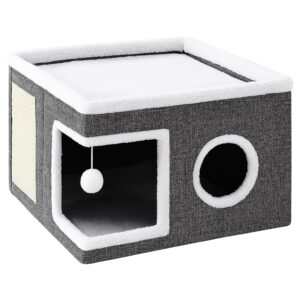 Ansamblu de zgariat pentru pisici cu casuta si pat superior, cu jucarie, 42x42x30 cm