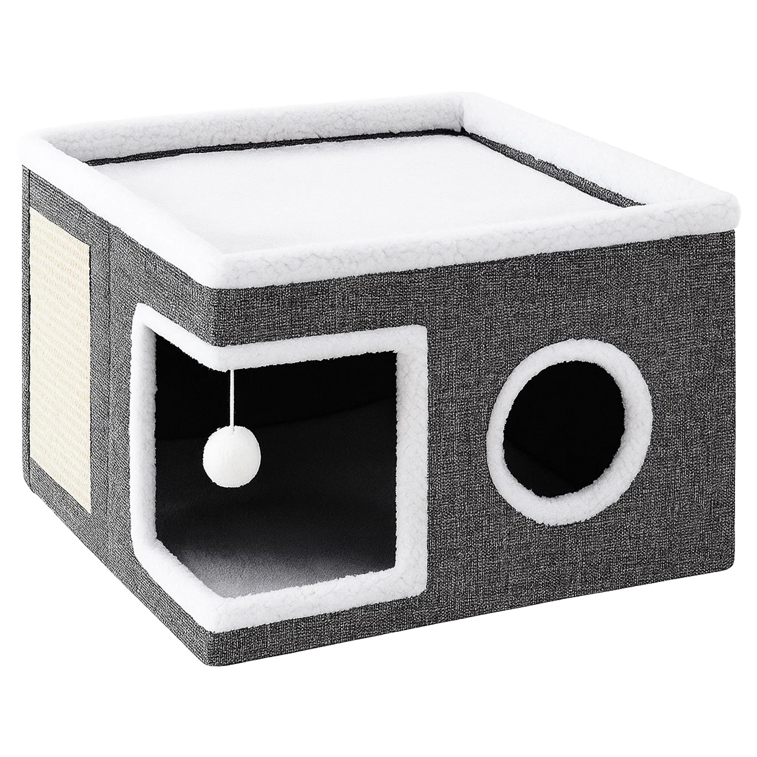 Ansamblu de zgariat pentru pisici cu casuta si pat superior, cu jucarie, 42x42x30 cm