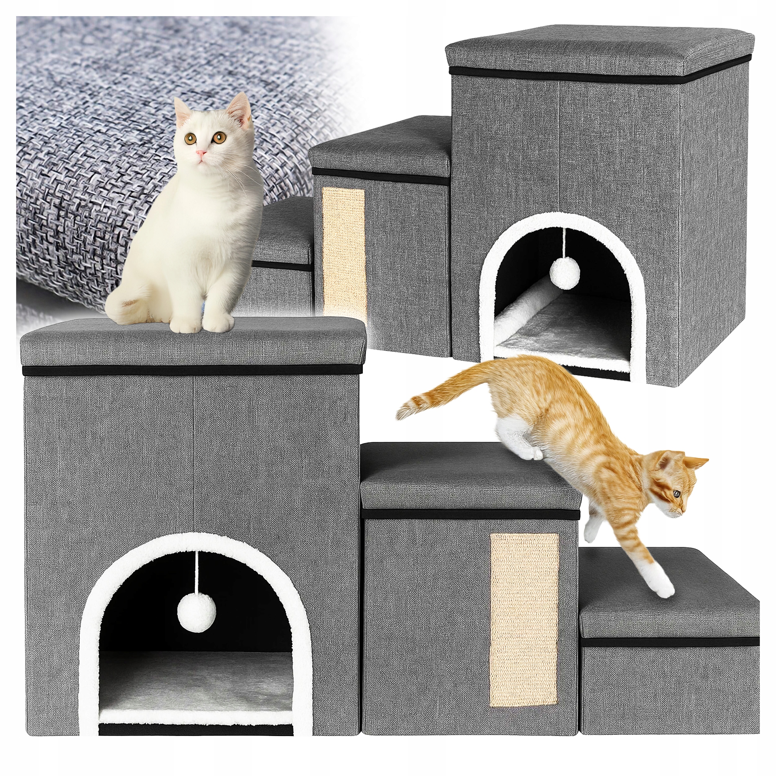 Ansamblu de zgariat pentru pisici 3in1 cu trepte, casuta si panou sisal, 33x76x42 cm, gri - imagine 2