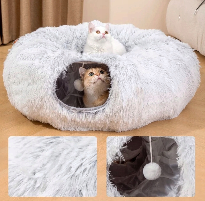 Tunel de joaca pentru pisici din plus, transformabil in pat rotund, 85 cm - imagine 2