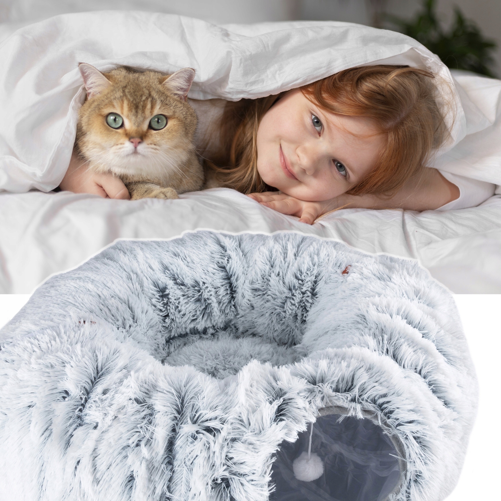 Tunel de joaca pentru pisici din plus, transformabil in pat rotund, 85 cm - imagine 4