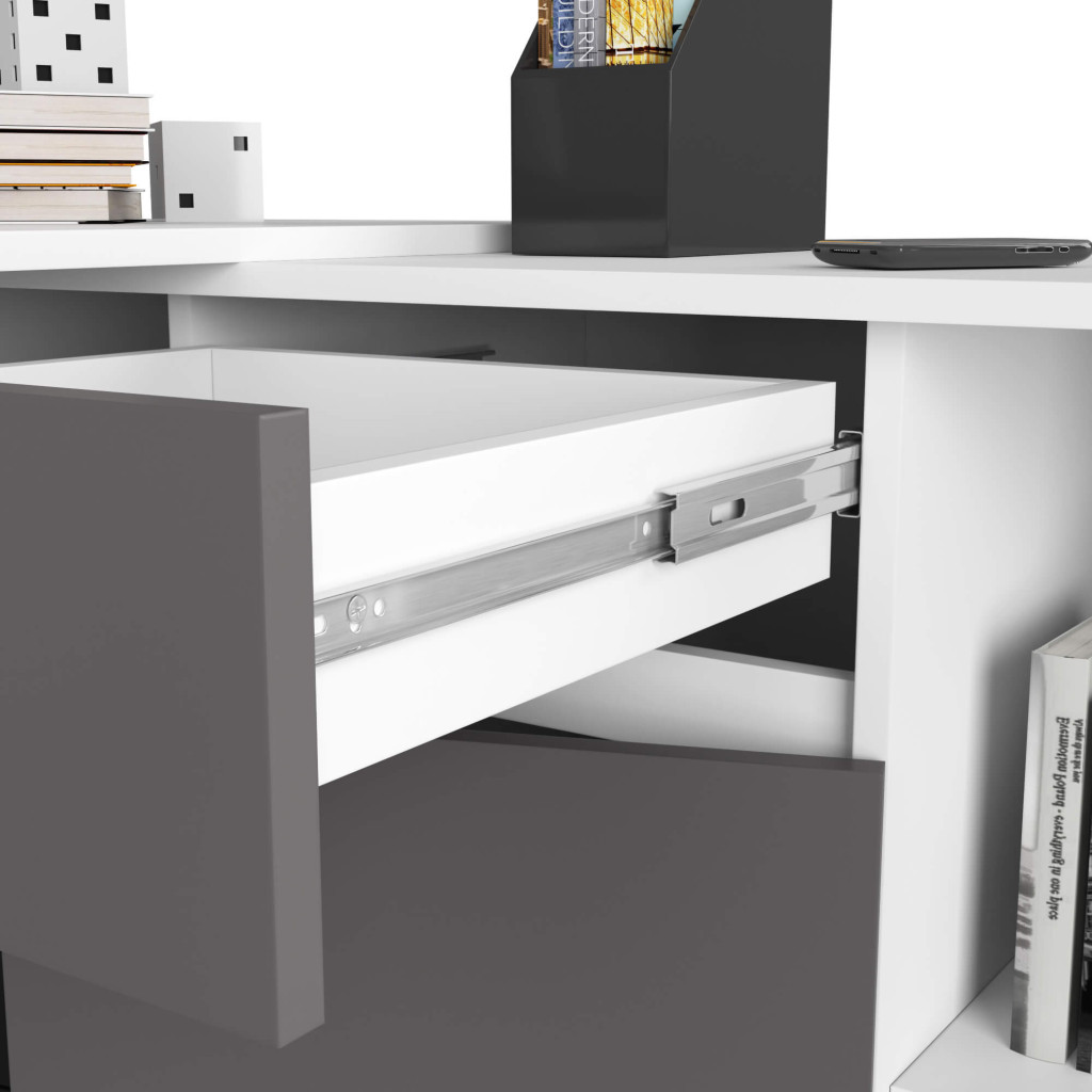 Birou de colt cu sertar, usa si 6 rafturi, PAL laminat 16 mm, 120x126x79 cm, alb si gri - imagine 5