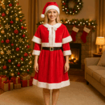 Costum dama Craciun cu rochie, pelerina, curea si caciula, marime universala, rosu