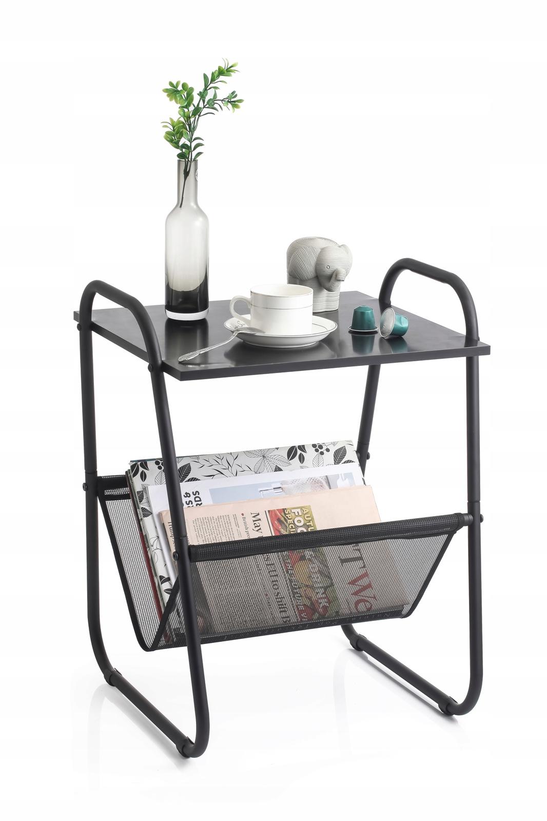 Masuta laterala cu suport reviste 40x40x55 cm, metal si lemn, negru - imagine 5