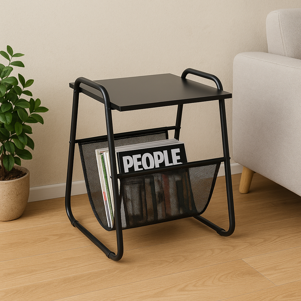 Masuta laterala cu suport reviste 40x40x55 cm, metal si lemn, negru - imagine 2