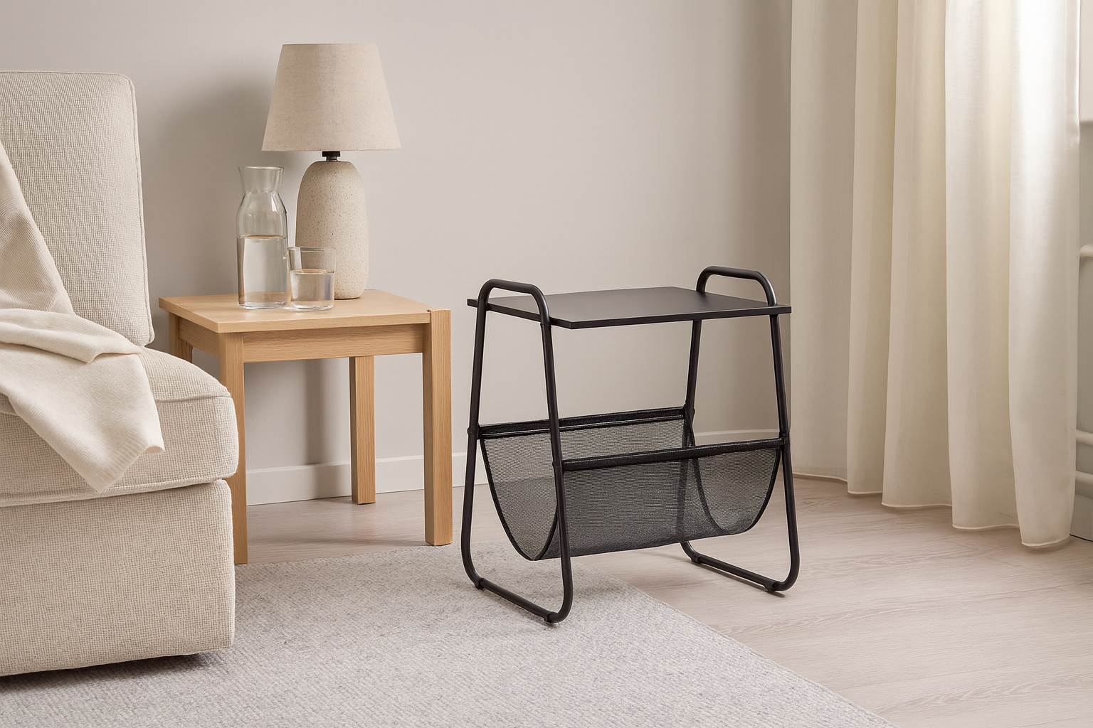Masuta laterala cu suport reviste 40x40x55 cm, metal si lemn, negru - imagine 3