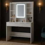 Masa de toaleta cu oglinda, iluminare LED reglabila, 2 sertare, MDF, 90x40x145 cm, alb