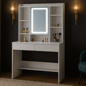 Masa de toaleta cu oglinda, iluminare LED reglabila, 2 sertare, MDF, 90x40x145 cm, alb