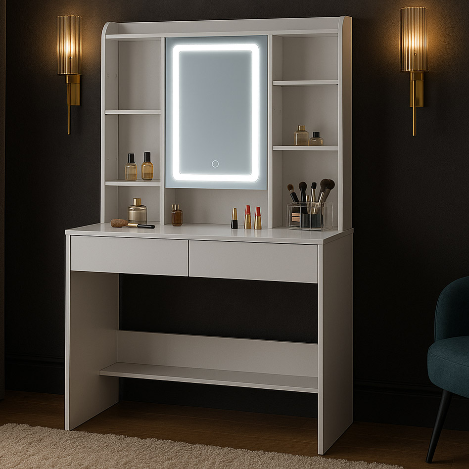 Masa de toaleta cu oglinda, iluminare LED reglabila, 2 sertare, MDF, 90x40x145 cm, alb