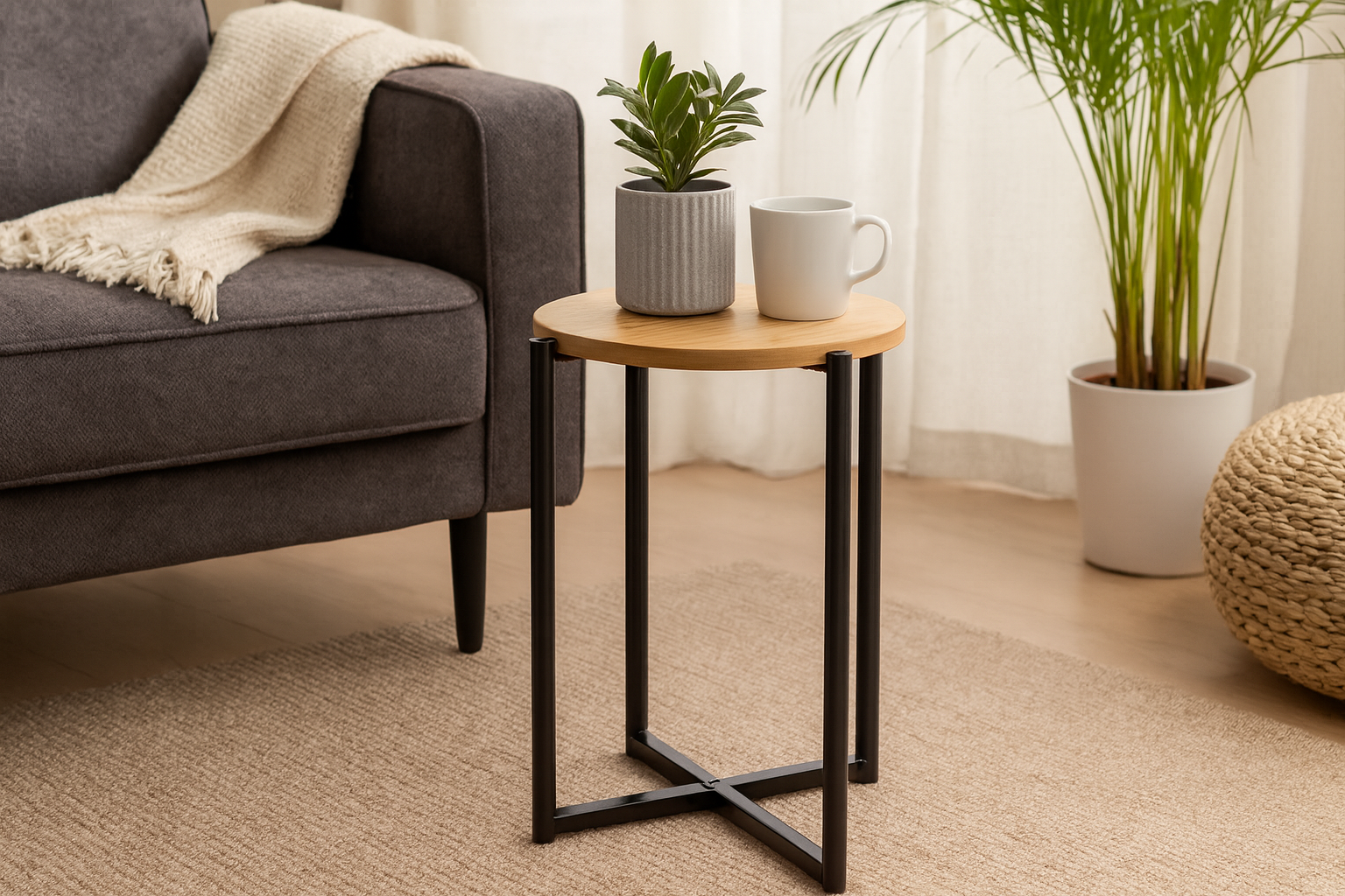 Masuta rotunda tip noptiera, baza metalica, 29x42 cm, design minimalist, negru - imagine 3