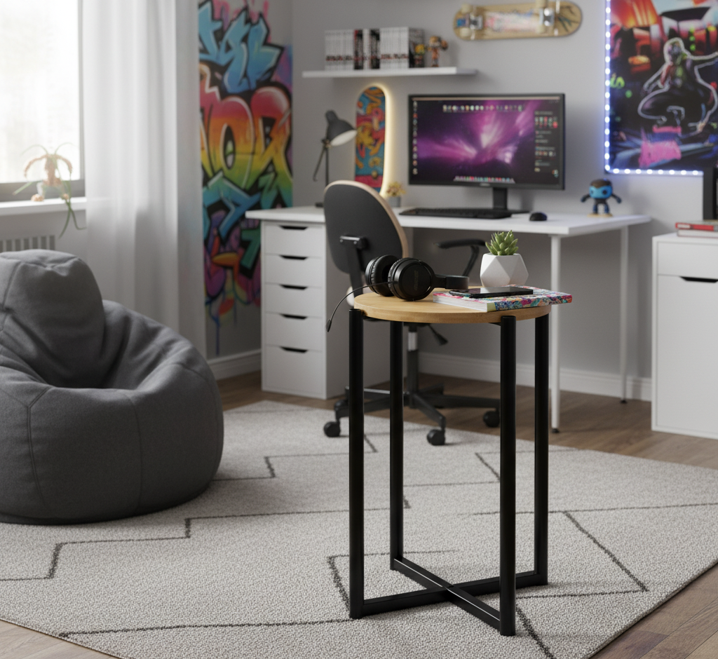 Masuta rotunda tip noptiera, baza metalica, 29x42 cm, design minimalist, negru - imagine 5