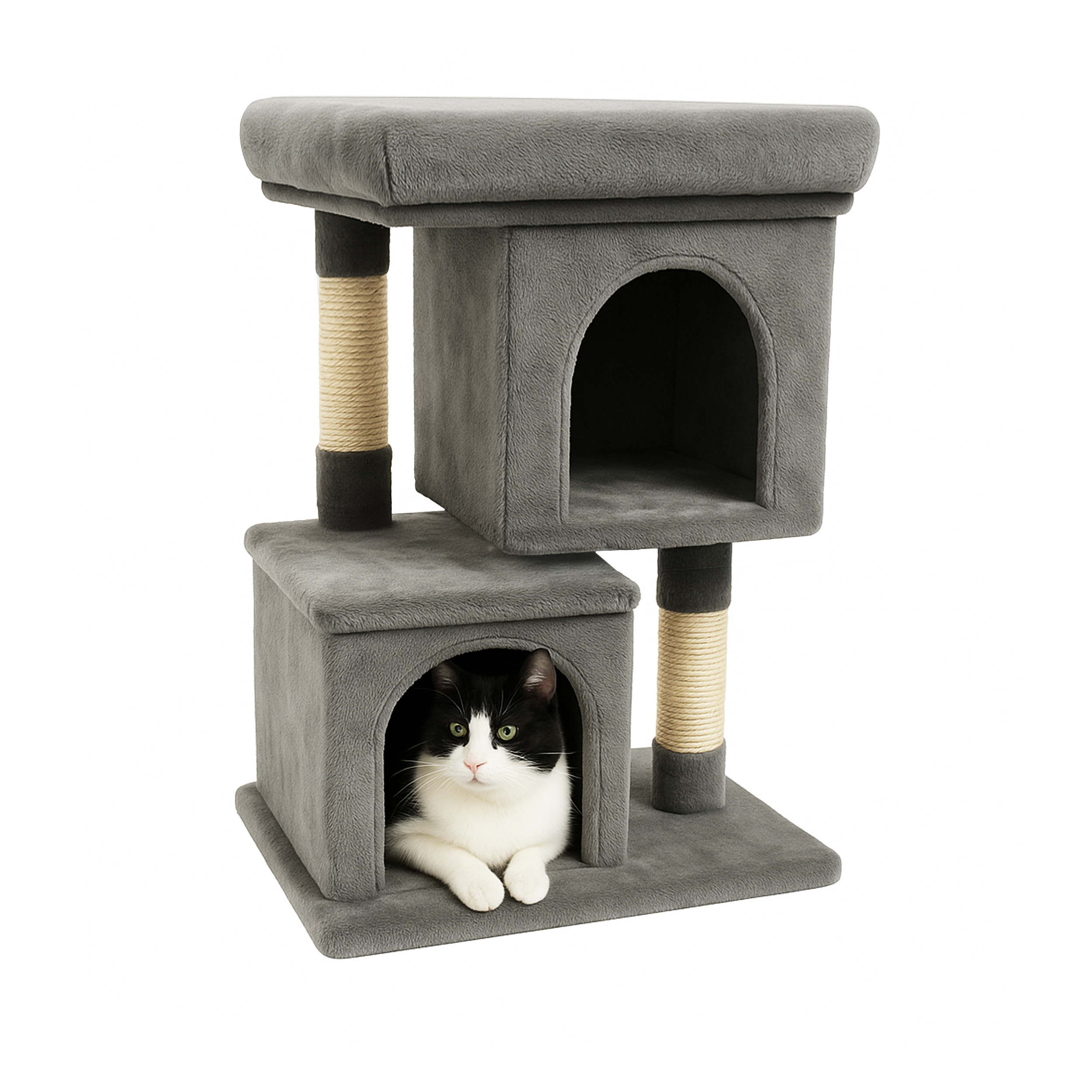 Ansamblu de zgariat pentru pisici tip turn cu 2 niveluri, tunel, casuta si pat, MDF si plus, 67 cm, gri - imagine 3