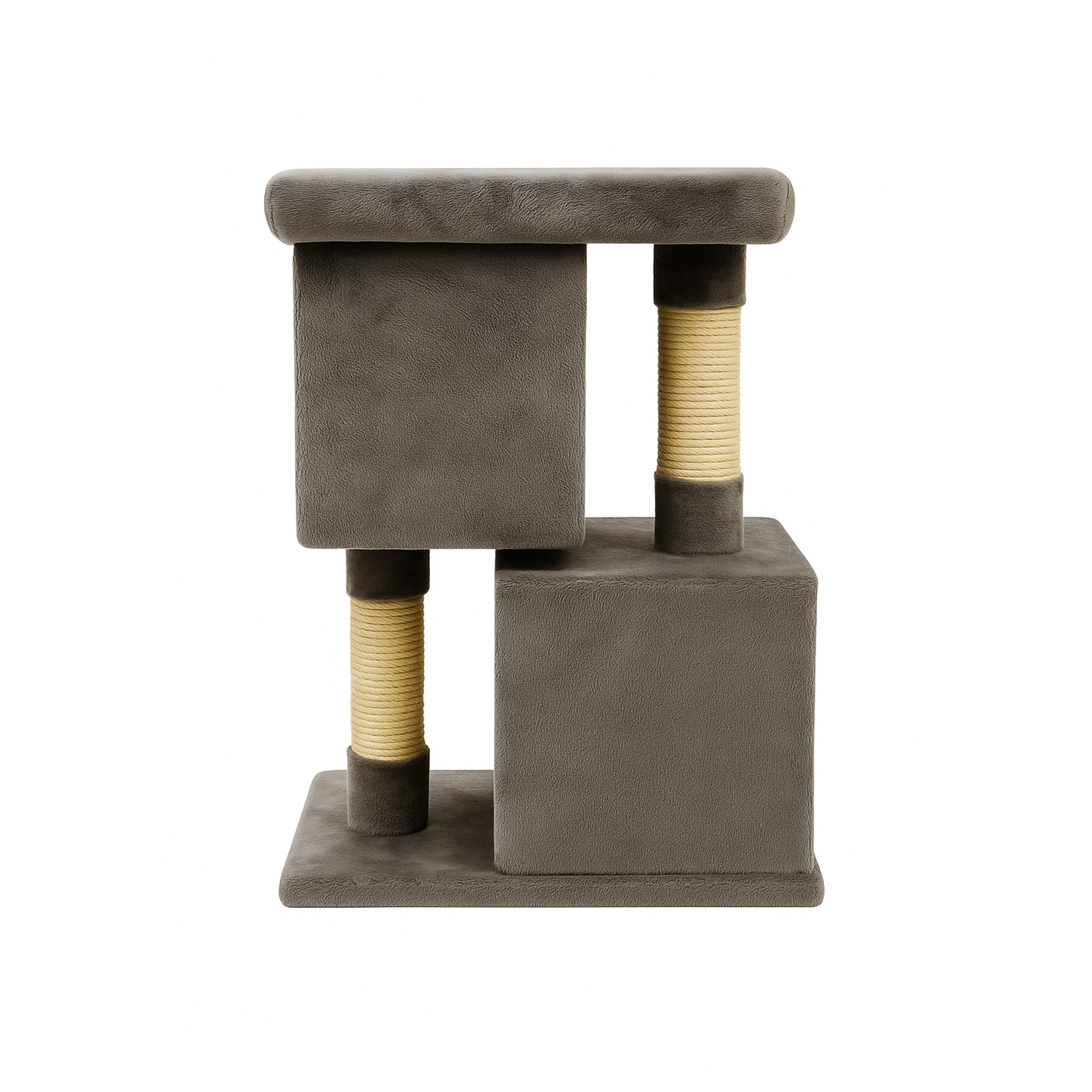 Ansamblu de zgariat pentru pisici tip turn cu 2 niveluri, tunel, casuta si pat, MDF si plus, 67 cm, gri - imagine 4