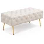 Taburet Monaco, tapitat cu catifea, tip banca, cu picioare metalice, 100x42x41 cm, bej