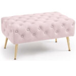 Taburet Madrid, tapitat cu catifea, tip banca, cu picioare metalice, 80x42x41 cm, roz pudra