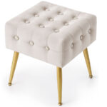 Taburet tapitat Quadra, velur, cu picioare metalice, 40x40x42 cm, bej