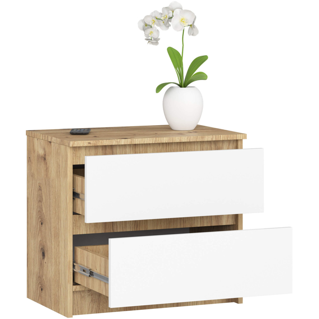 Comoda cu 2 sertare din PAL laminat 16 mm, 60x40x55 cm, stejar artisan si alb - imagine 2
