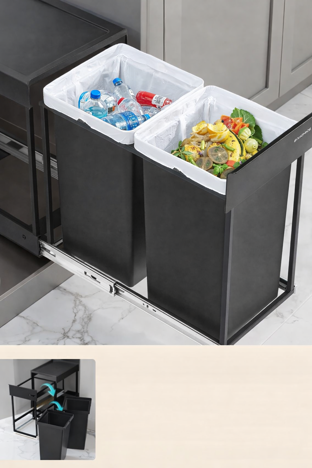 SONGMICS Cos de gunoi incorporabil in mobila, cu 2 compartimente 2x15L, cadru metalic extensibil, 48x25x44 cm, negru - imagine 3