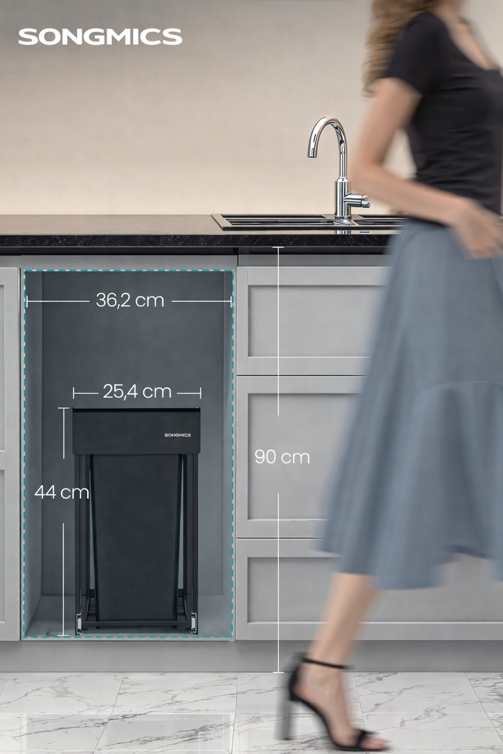 SONGMICS Cos de gunoi incorporabil in mobila, cu 2 compartimente 2x15L, cadru metalic extensibil, 48x25x44 cm, negru - imagine 4